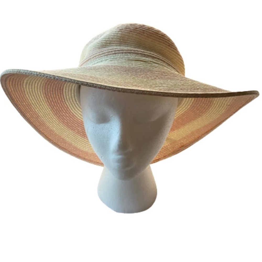 Vintage Wide Brim Floppy Straw Sun Hat Natural Tan & Pink